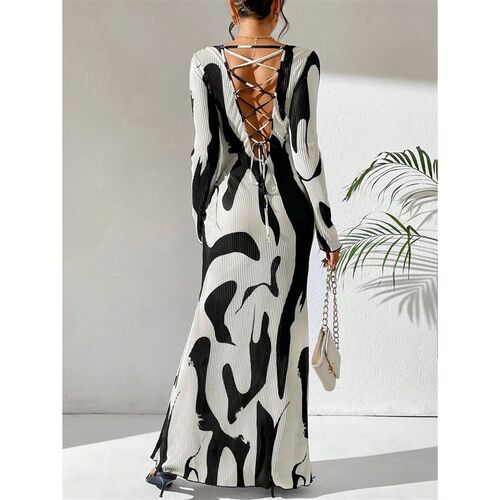 Long Sleeve Crew Neck Open Back Tie Up Women Bodycon Dress