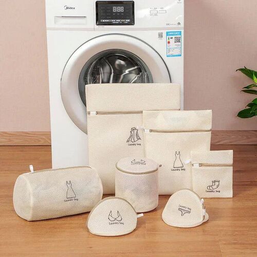 Laundry Bag For Dirty Clothes Fine Mesh Beige Embroidery Thi