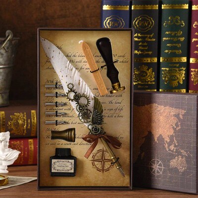 Retro Feather Fountain Pen Vintage Calligraphy Writing Ink P