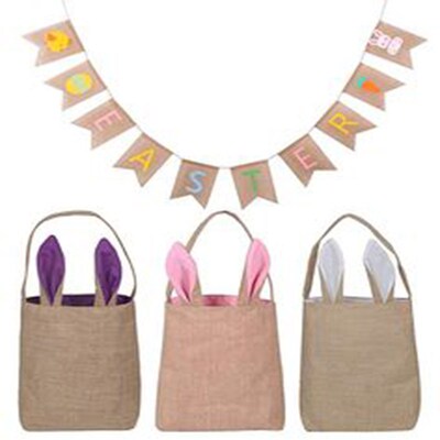 Durable Easter Basket Jute Burlap Kid Gift with Bunny Ear Si