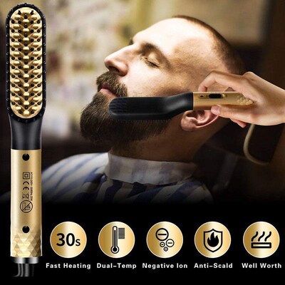 Professional Mini Ceramic Brush Hair Straightener Beard Stra