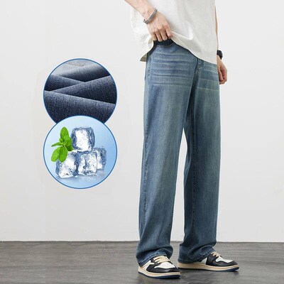 Summer Thin Mens Lyocell Loose Straight Jeans Soft Drape