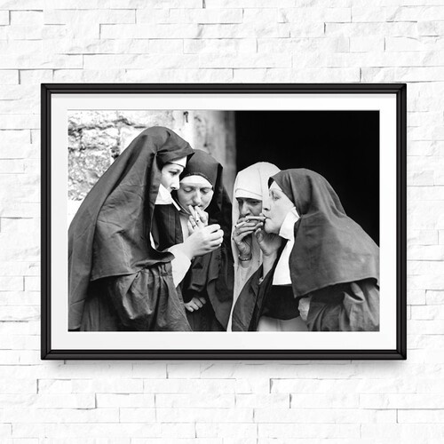 Smoking Nuns Prints Vintage Photo Black and White Poster Cig