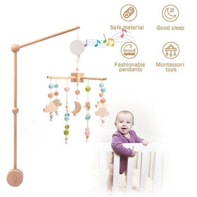 3pcs Baby Crib Mobile Rattle Toys With Music Box Wooden Bed