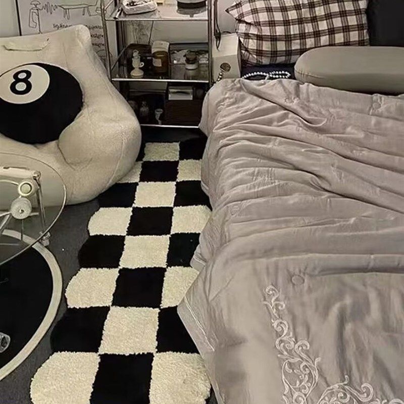奶油风地毯黑白风高级感卧室房间床边毯长条沙发茶几毯毛绒加厚垫,居家布艺,床边毯,淘宝优惠券,粉丝福利购,淘宝优惠卷