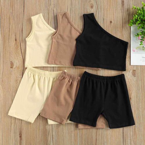 Kids Baby Girls Fashion 2-piece Outfit Set One Shoulder Soli