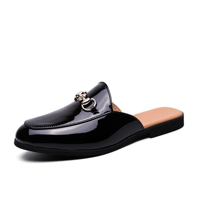 Summer Half Shoes for Men Black Loafers Slippers Patent Leat