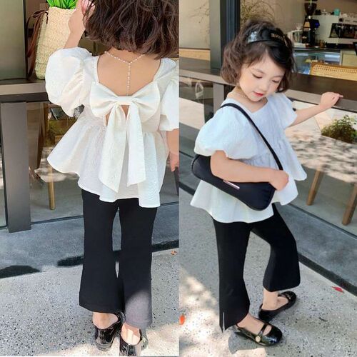 Girls Suit Sweet Square Collar Bubble Backless Top with Sid