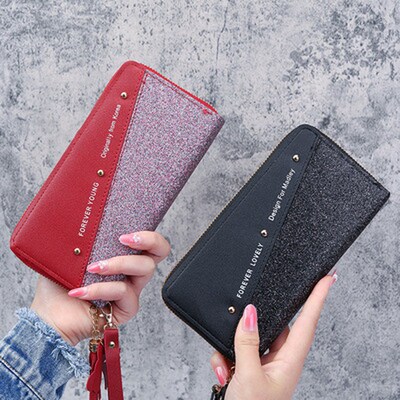 Fashion Womens Pu Leather Long Wallets Sequins Patchwork Gl