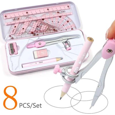 8Pcs/Set  Ruler Compass Pencil Set Geometry Maths Student Dr