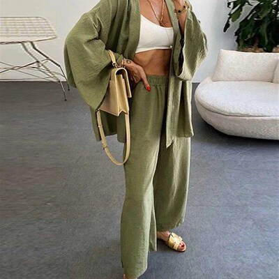 2024 Summer Womens Linen Trouser Suit with Blouse Casual Lo