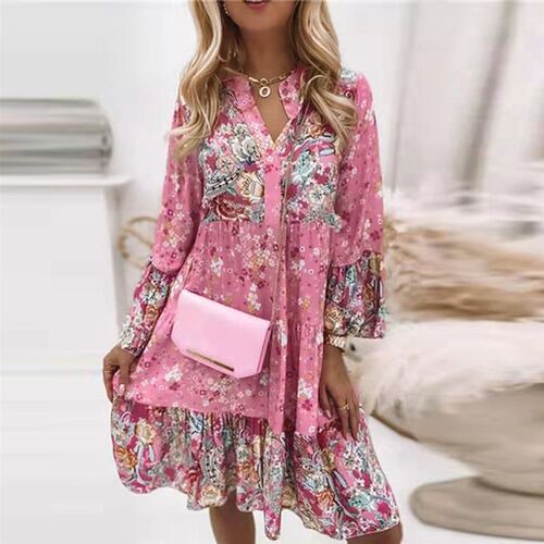 Womens Ladies Summer Smock Long Sleeve Floral Dress