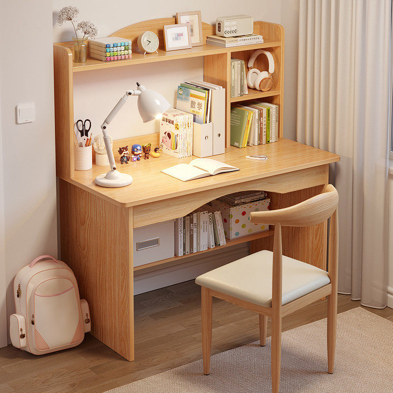电脑台式桌可放印表机一体卧室书桌小学生家用书架一体学习桌椅子