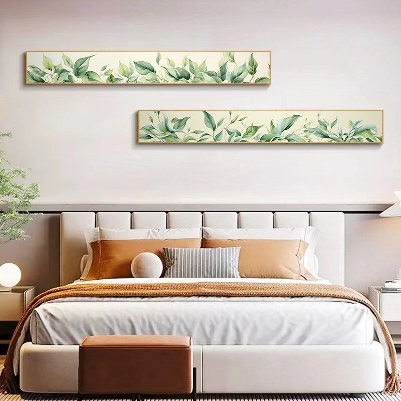 清新原木治愈风床头装饰画 划主卧室房间墙壁画 划高级感窄长条绿