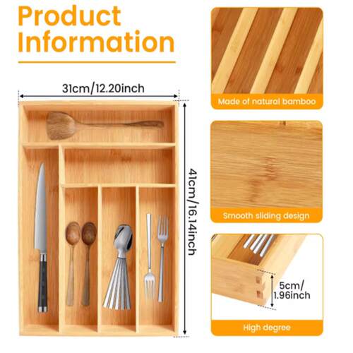 Kitchen Drawer Cutlery Organizer 5/6 Compartments Bamboo Dra