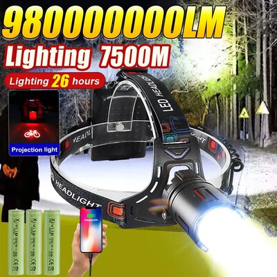 Super Powerful Headlamp 98000000LM Rechargeable Headlight Hi