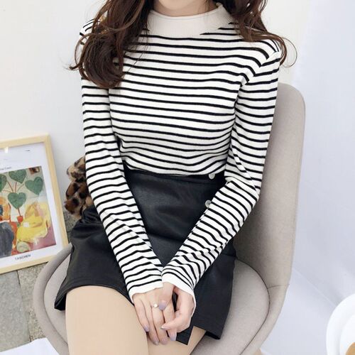 HELIAR Women Striped Mock Neck Sweaters Slim Elastic Long Sl
