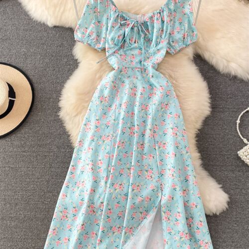 Summer Vintage Dress Blue Floral Summer Bubble Sleeve Tie