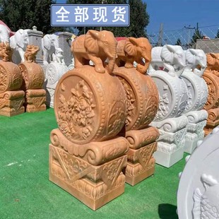 石雕门墩汉白玉小象抱鼓石一对家用仿古石墩招财纳福石鼓门口摆件