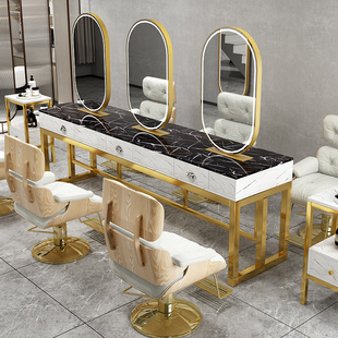 美发店镜子发廊单面带灯剪发镜理发店镜台柜一体大理石面烫染桌