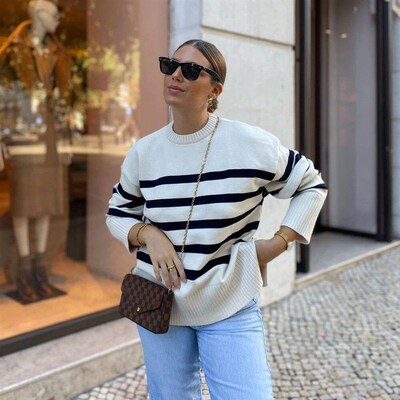 Casual Oversized Striped Pullovers Women Knitted Basic Autum