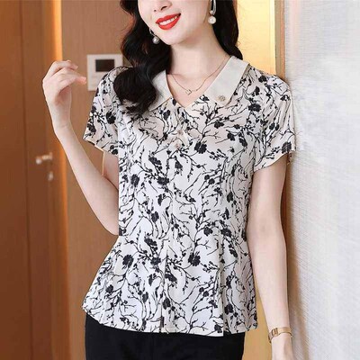 Contrast Color V-neck Ruffled Hem Chiffon Shirt Womens Summ