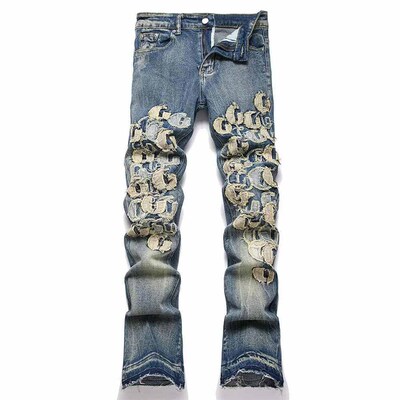Men Letters Patch Embroidery Denim Jeans Streetwear Release