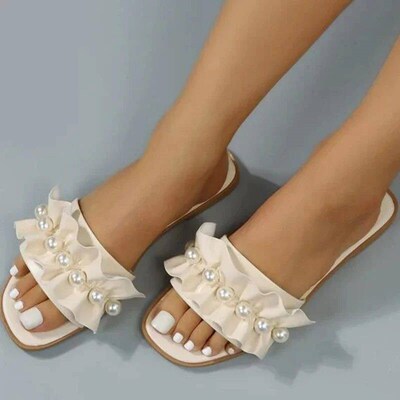 Women Slides Faux Pearl Decor Ruffle Trim Sandals Open Toe