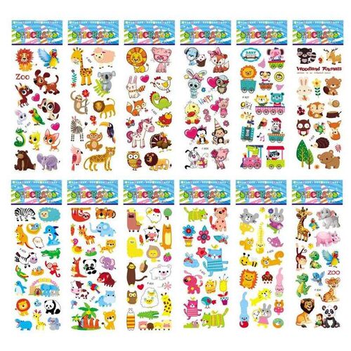 12 Sheets/Pack Kids Stickers 3D Puffy Bulk Cartoon Zoo Anima