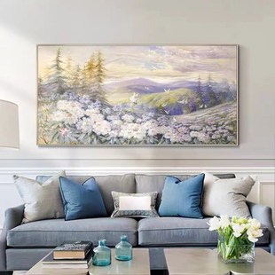 手绘油画花海风景挂画客厅沙发背景墙装饰画卧室横版花飞蝶舞壁画