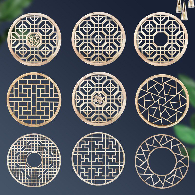 东阳木雕实木圆形中式花格窗户挂件玄关背景墙隔断吊顶仿古装饰