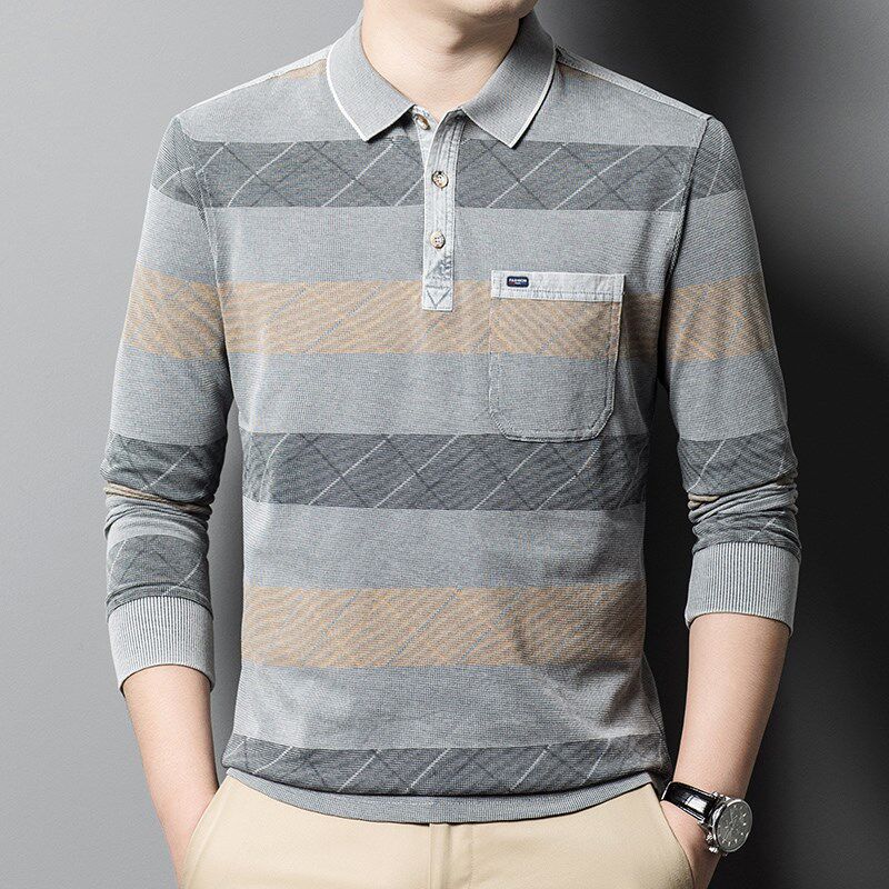 条纹水洗棉长袖t恤男翻领打底衫有口袋秋衣中年爸爸秋装上衣薄款
