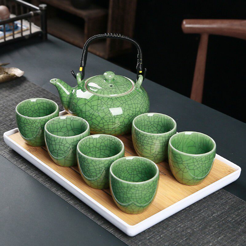 青瓷哥窑提梁泡茶壶大号功夫茶具套装家用冰裂陶瓷大容量茶杯整套