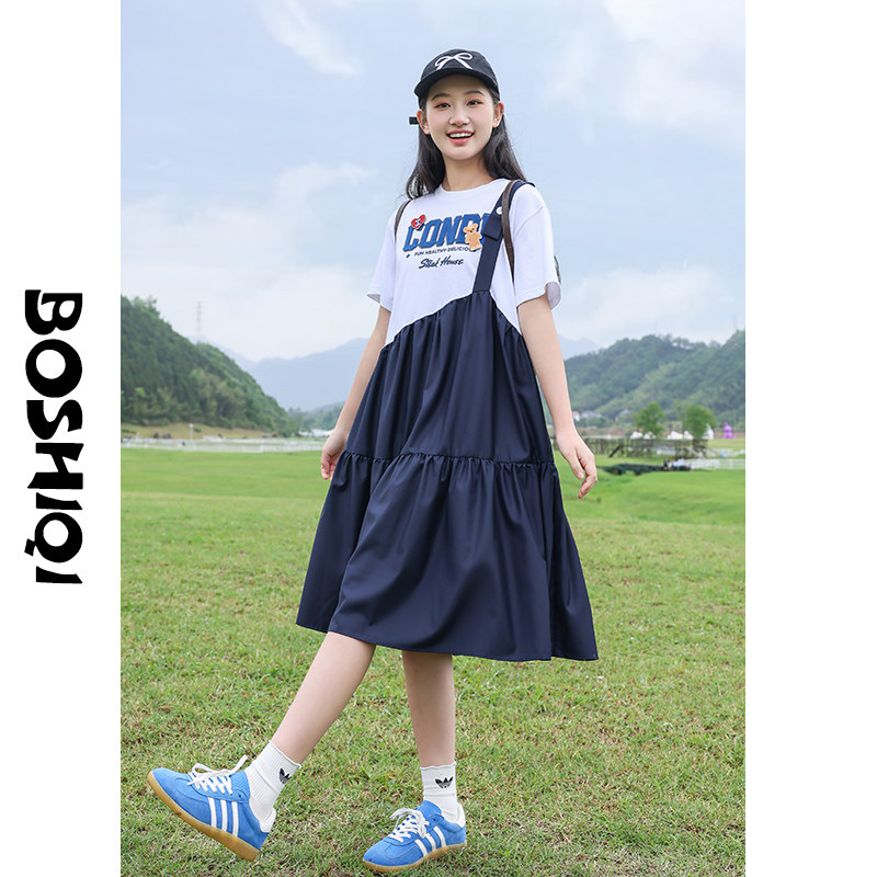 初中生连衣裙少女孩新款2024夏季高中生中长裙子大童短袖学生时尚