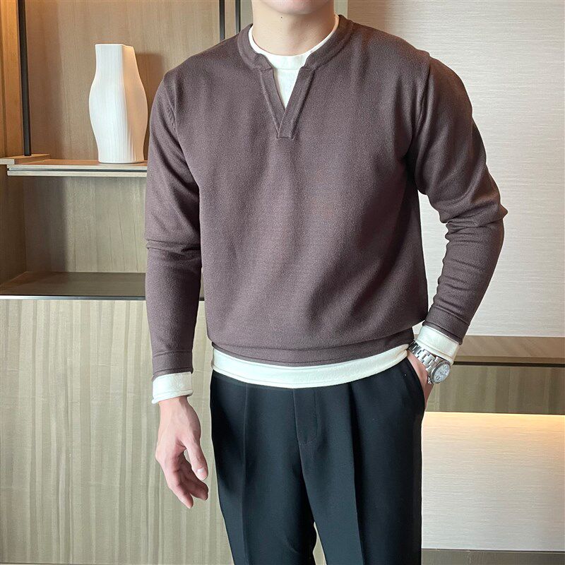 摩摹时尚 休闲假两件毛衣男秋冬拼接圆领针织衫商务修身长袖上衣