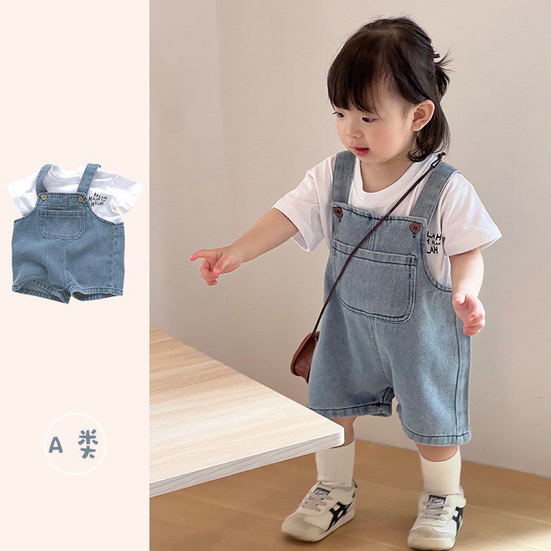 婴儿套装短袖韩男女宝宝牛仔裤背带裤两件套婴幼儿外出服T恤夏季