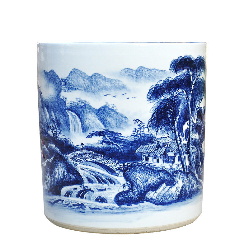景德镇陶瓷手绘青花瓷书画缸卷轴缸箭筒新中式超大摆设桶画缸字画