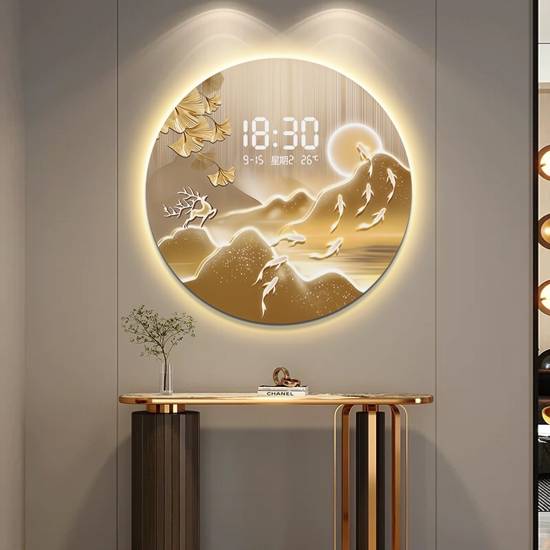 轻奢九鱼图餐厅装饰画电子钟表挂画圆形玄关2026年饭厅背景墙壁画
