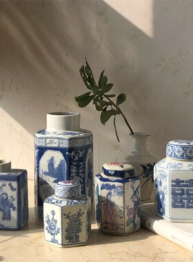 复古老货釉下粉彩青花茶叶罐装饰罐子摆件中式民宿茶室软装饰品
