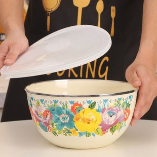 特厚珐琅搪瓷带盖搅拌碗和面盆洗菜盆果蔬盆沙拉碗猪油罐盆密封碗