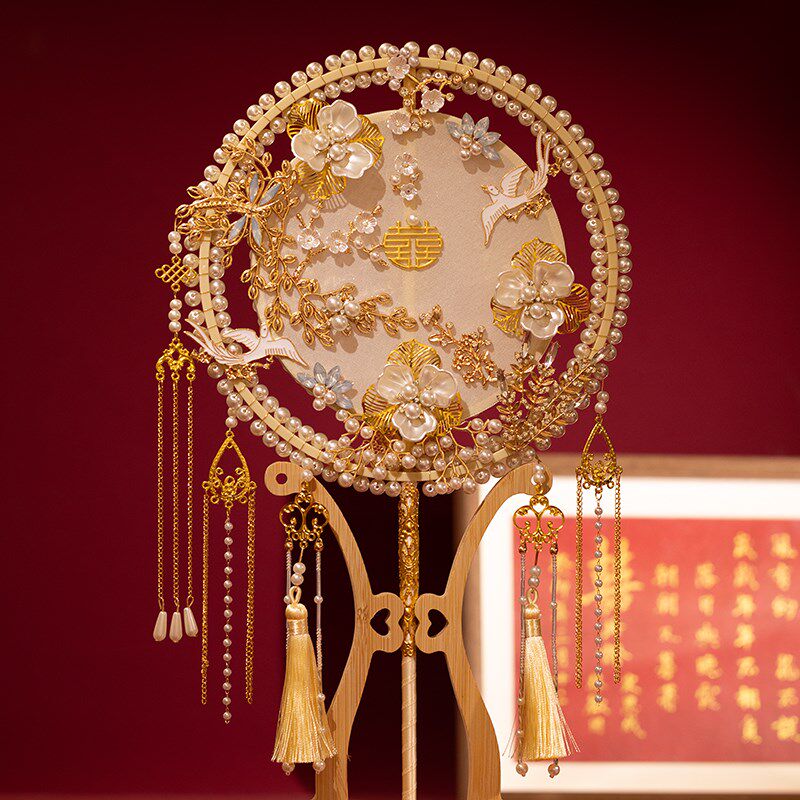 中式婚礼新娘喜扇香槟色团扇秀禾服扇手捧花diy材料包红色成品扇