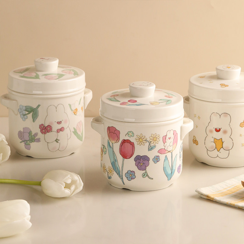 蓝莲花家居带盖双盖陶瓷炖盅家用双耳隔水炖燕窝炖罐煲汤盅蒸蛋盅