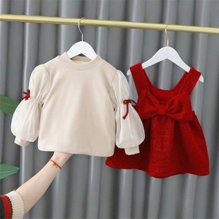 女童春秋连衣裙儿童洋气红色礼服裙公主裙子春装宝宝蝴蝶结背心裙