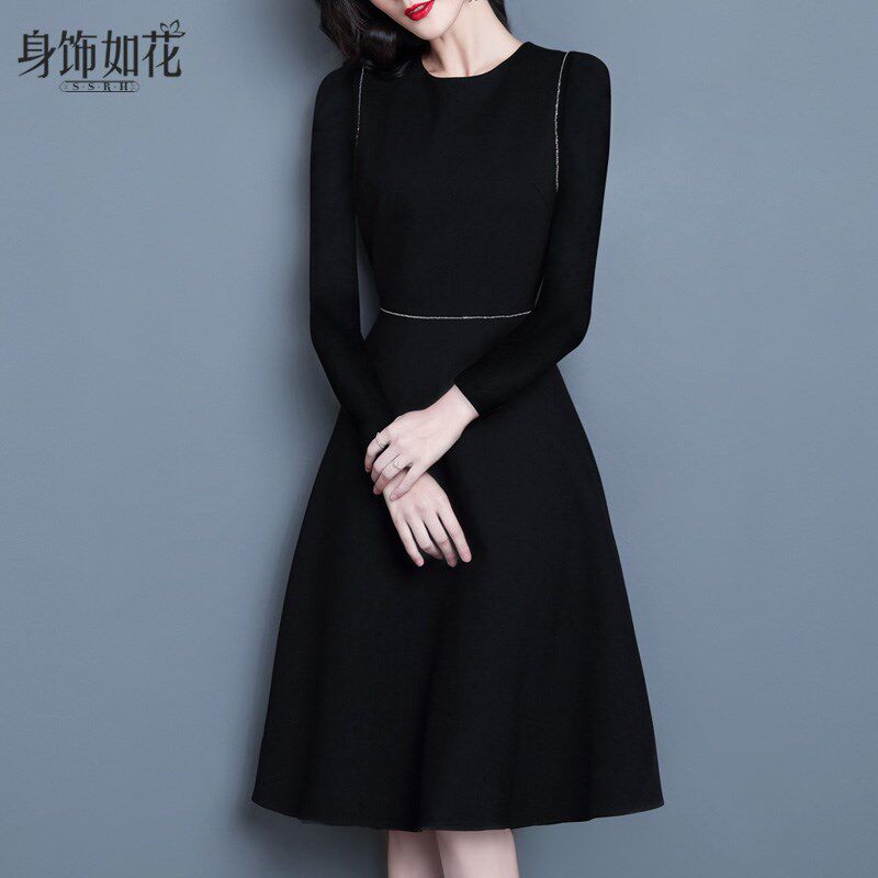 2024春秋新款淑女修身A字裙气质长袖黑色打底连衣裙中长款小黑裙
