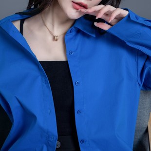 克莱因蓝色衬衫女2024新款秋冬季女士上衣高级感衬衣时尚休闲外套
