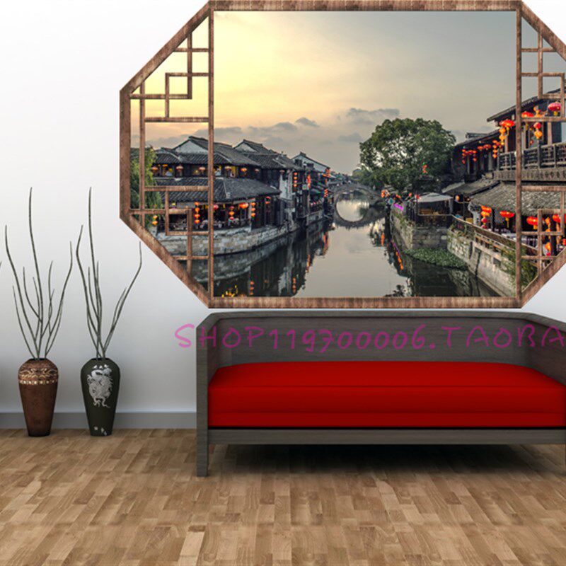 3D立体中国风古典假窗户墙贴画复古老城风景中式假窗客厅装饰贴画