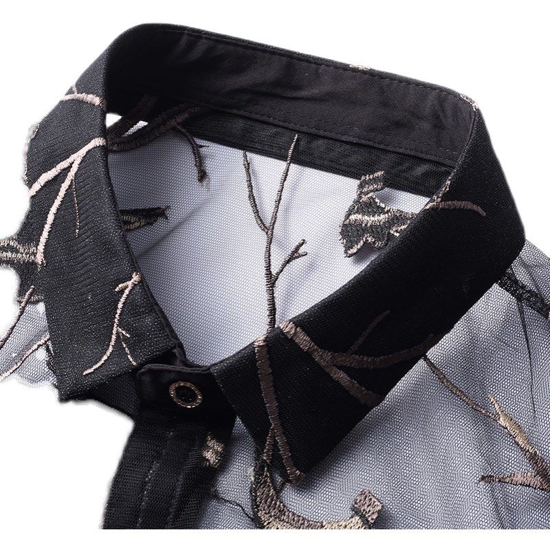 KTV男士透明工作服短袖衬衣夏季男装镂空衬衫修身个性感网纱上衣