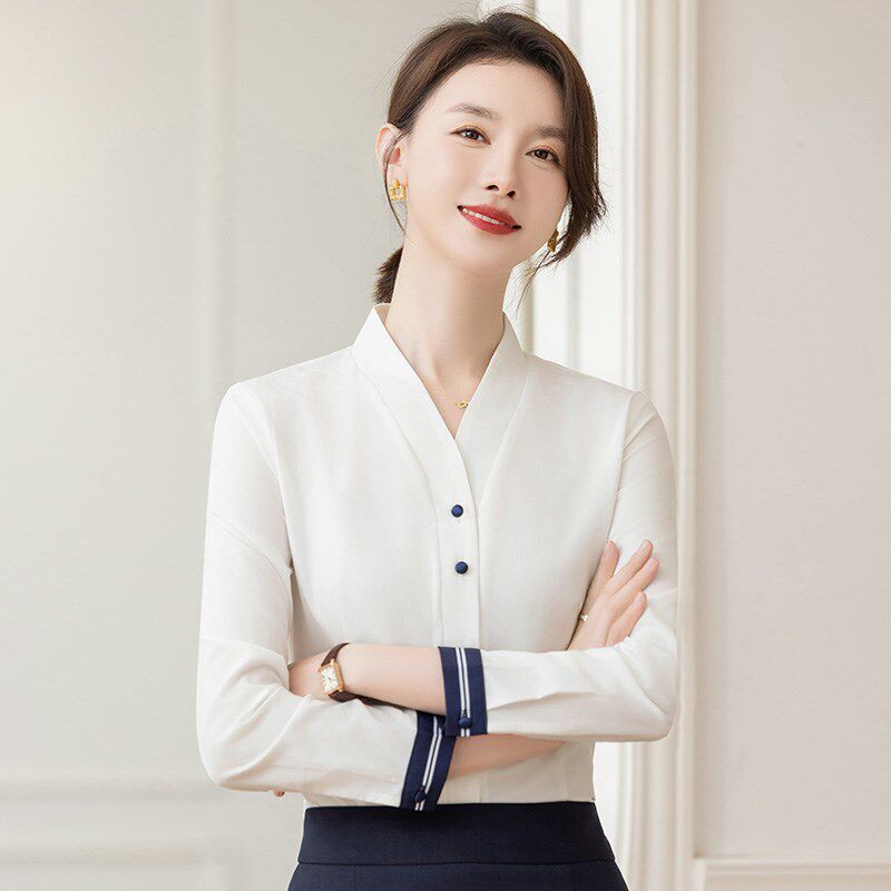 V领白色衬衫女春秋职业南航空姐制服气质长袖衬衣高铁空乘工作服