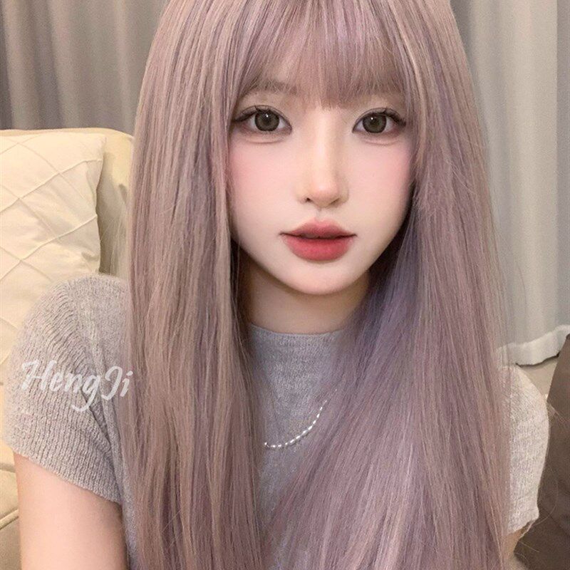 哼唧网红假发女长发韩式女团发型中分中长发紫灰色全头套彩色假发