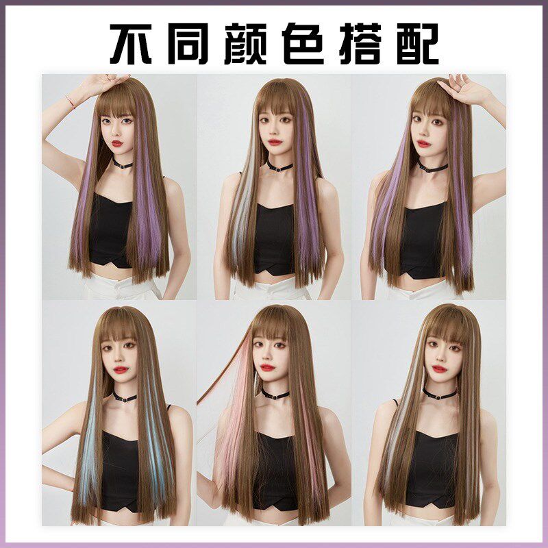 紫色假发女挂耳烫长直发挑染隐形直发片